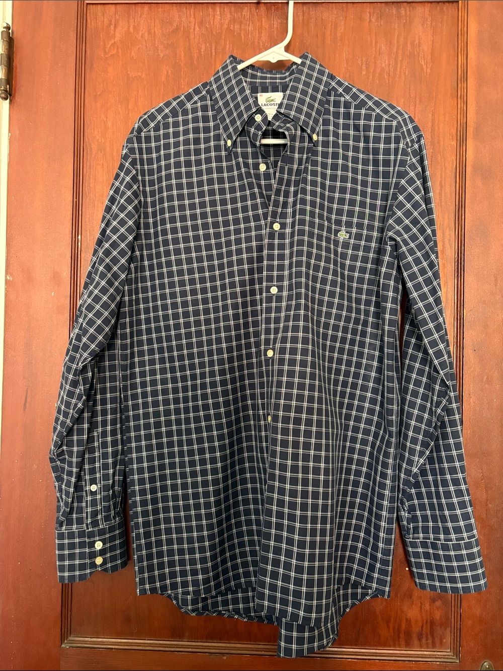 Lacoste Men's Navy and White Windowpane Button-Down Shirt